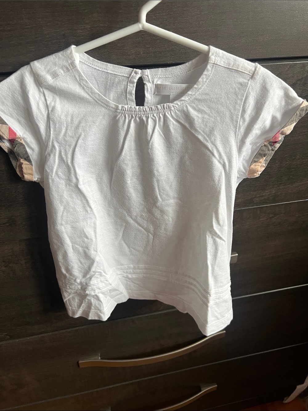 Burberry White Short-Sleeve Tee with Plaid Sleeve Trim